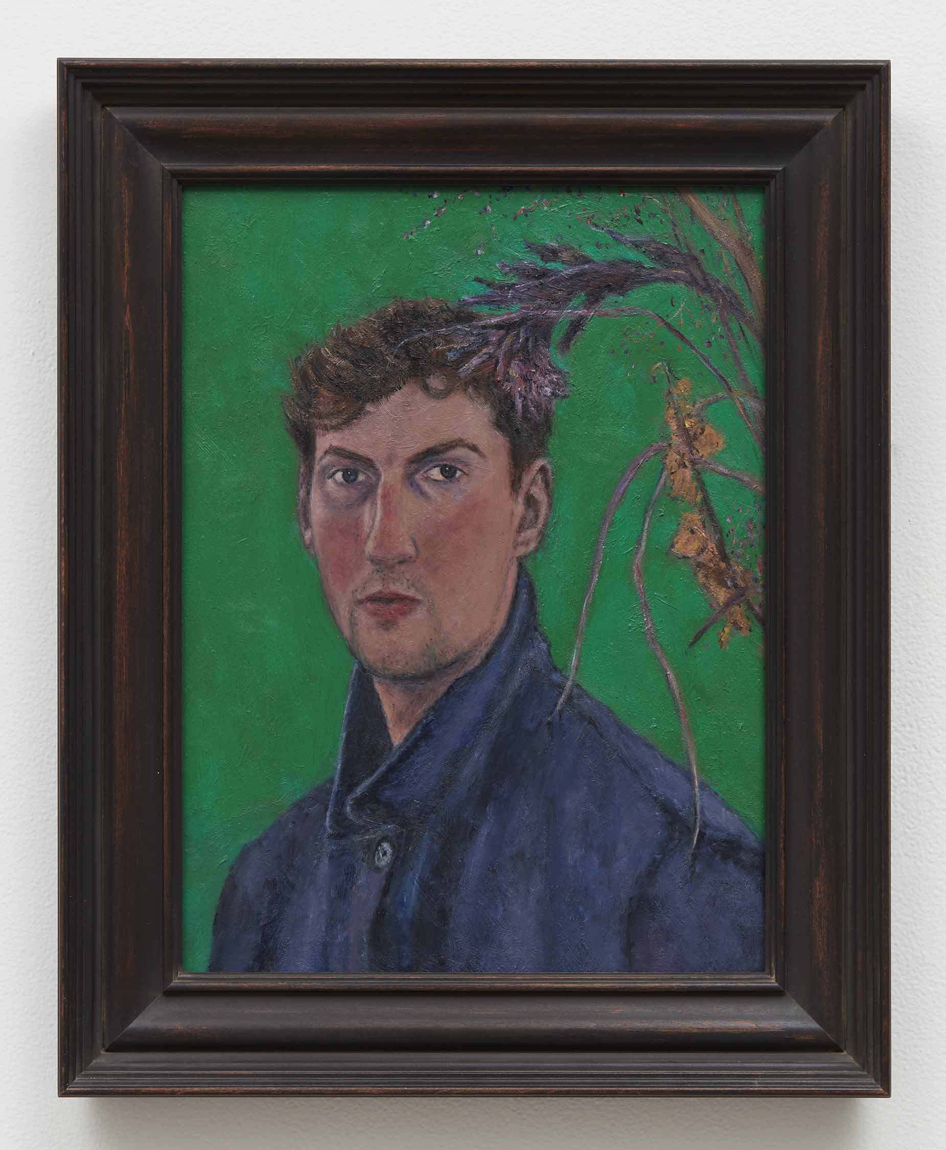 Max Jahn, <i>Self with Dry Flowers</i>, 2025. Oil on copper in artist's frame, 19 7/8 x 16 x 1 5/8 in (50.5 x 40.6 x 4.1 cm)